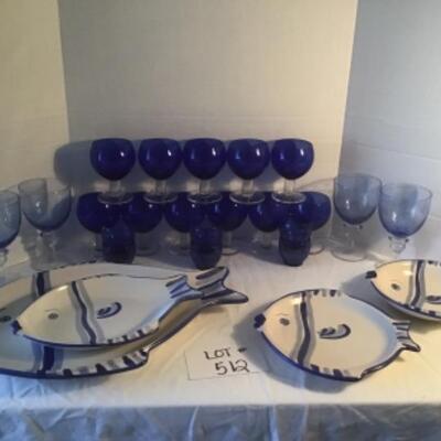 J - 512  Signed Fish Platters & Blue Glassware Lot 