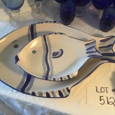 J - 512  Signed Fish Platters & Blue Glassware Lot 