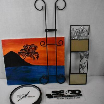 4 pc Wall Decor: Canvas Painting, Clock, Plate Rack, & Frame