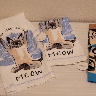 Lot 136: (2) New Kitchen Handtowels and Cat Person Socks 