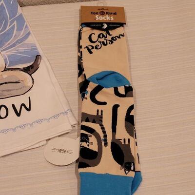 Lot 136: (2) New Kitchen Handtowels and Cat Person Socks 