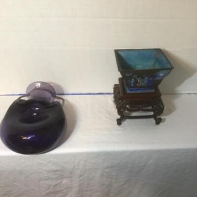 J- 536 Signed  Hand Blown Glass Hanging Vase & Japanese Enamel CloisonnÃ© on Stand 