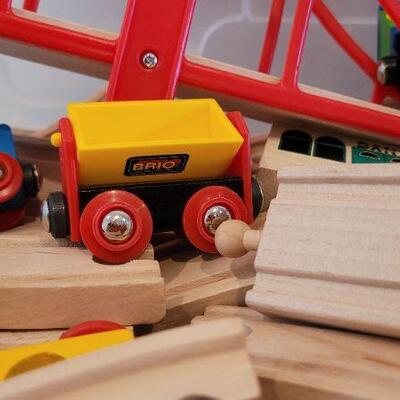 Lot 190: Tote full of Vintage Wood Blocks and Assorted Train Children's Activity Set