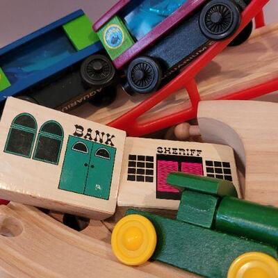 Lot 190: Tote full of Vintage Wood Blocks and Assorted Train Children's Activity Set