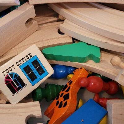 Lot 190: Tote full of Vintage Wood Blocks and Assorted Train Children's Activity Set