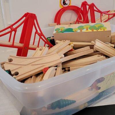 Lot 190: Tote full of Vintage Wood Blocks and Assorted Train Children's Activity Set