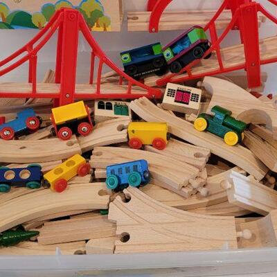 Lot 190: Tote full of Vintage Wood Blocks and Assorted Train Children's Activity Set