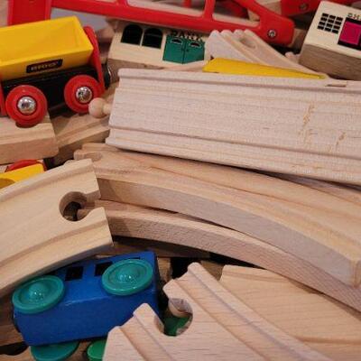 Lot 190: Tote full of Vintage Wood Blocks and Assorted Train Children's Activity Set