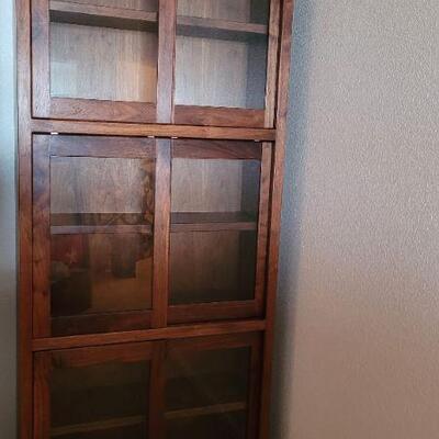 Lot 191: Vintage Walnut Tall 3-Tier Sliding Glass Door SHOWCASE Display Cabinet 80" Ã— 33.5" Ã— 13.5" 