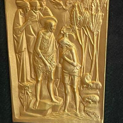 Vatican artist Giarolli Gilt Framed Miniature Relief Baptism of Jesus