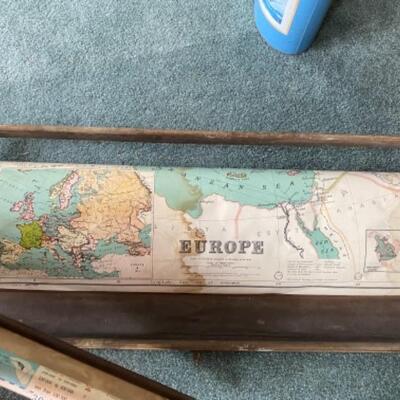 S166 Antique Wooden Map Rack with Antique School House Maps of Europe 