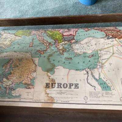S166 Antique Wooden Map Rack with Antique School House Maps of Europe 