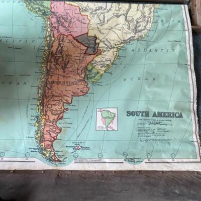 S166 Antique Wooden Map Rack with Antique School House Maps of Europe 