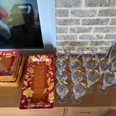 S174 Gatesware Plates and Gold rimmed Stemware 