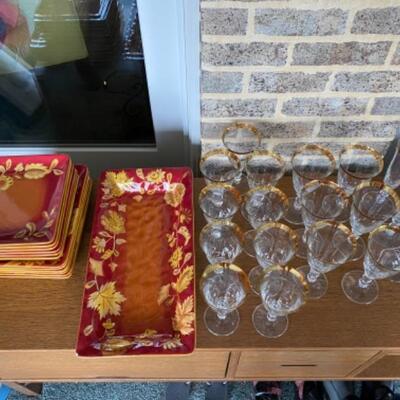 S174 Gatesware Plates and Gold rimmed Stemware 