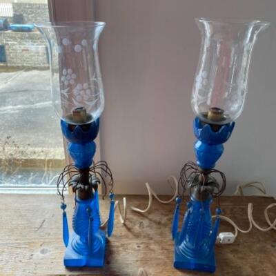 S178 Pair  of Antique Blue Glass Prism Bedside Lamps 