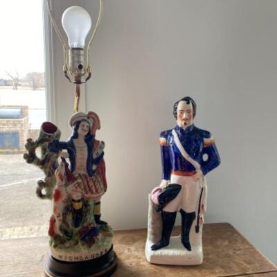 S180 Antique Staffordshire Louis Hamilton Porcelain Statue and Highlander Lamp 