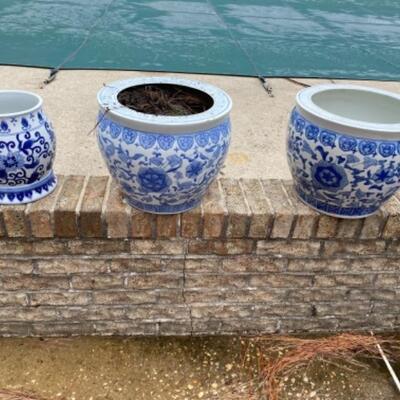 S193 Three Large Blue and White Flower pots 