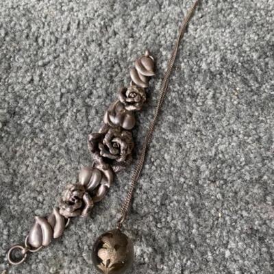 213 Vintage Napier Silver Rose Bracelet with Glass Ball Necklace 