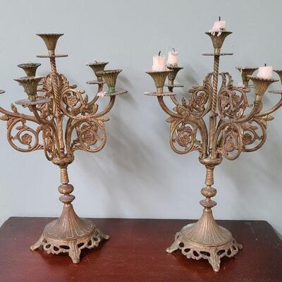 Pair of ornate 6 arm metal candelabras 