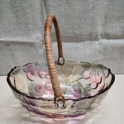 Vtg Rainbow Iridescent Fruit bowl with rattan wicker handle