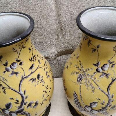 Pair of Chinese vintage, yellow, crackle glaze vases with metal bases. Hua Ping Tang Zhi