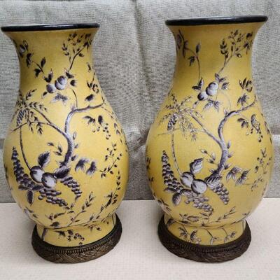 Pair of Chinese vintage, yellow, crackle glaze vases with metal bases. Hua Ping Tang Zhi