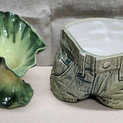 Vtg green ceramic leaf vase and ceramic denim shorts planter vase