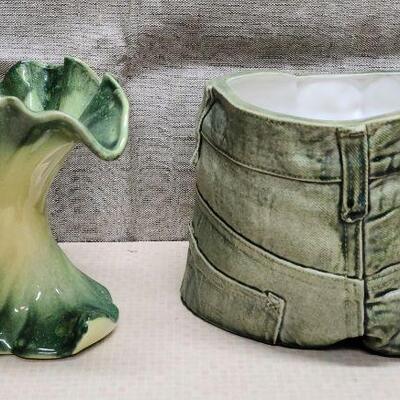 Vtg green ceramic leaf vase and ceramic denim shorts planter vase