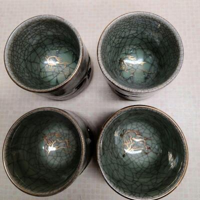 Set of 4 Japanese Somayaki double walled tea cups Gold/ Horse motif
