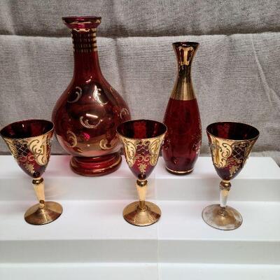 5 pc ruby red, hand painted decanter/vase/glasses