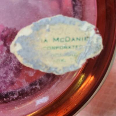 5 pc ruby red, hand painted decanter/vase/glasses