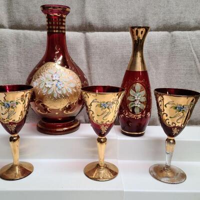 5 pc ruby red, hand painted decanter/vase/glasses