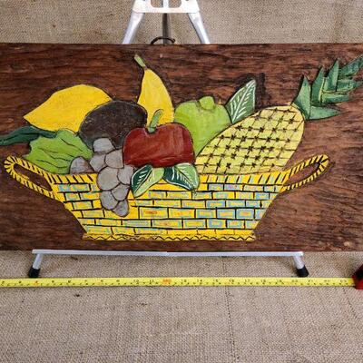 Vintage mid century wood painted fruit in basket wall art. 