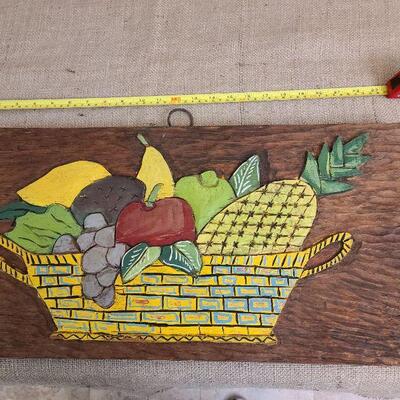 Vintage mid century wood painted fruit in basket wall art. 