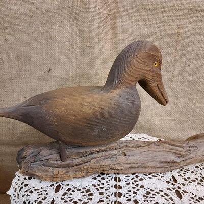 Thomas Oatman carved duck with glass eyes/ driftwood