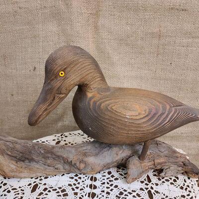 Thomas Oatman carved duck with glass eyes/ driftwood