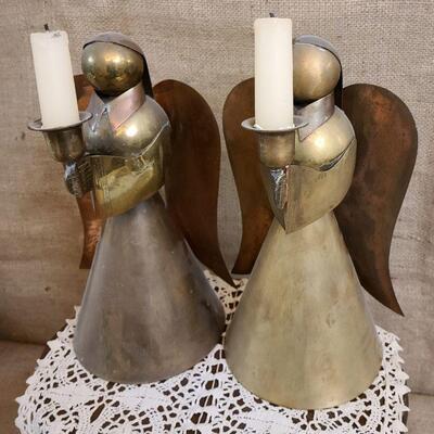 Pair of brass/copper angel candle holders