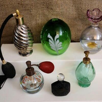 6 piece art glass and vintage perfume bottles