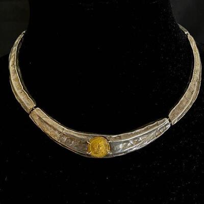 Hammered Sterling Collar Necklace with inset Gold Coin
