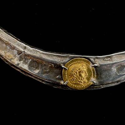 Hammered Sterling Collar Necklace with inset Gold Coin