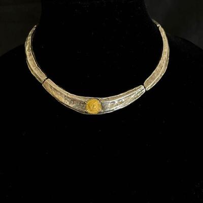 Hammered Sterling Collar Necklace with inset Gold Coin