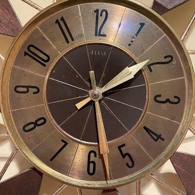 Mid Century Modern Elgin Teak Starburst Atomic Clock