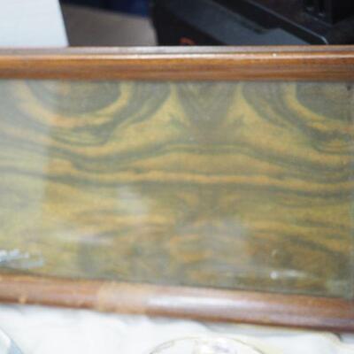 Lot 7 Vintage framed Needlework china plates copper fish mold, Abalone frame, wood grain frame