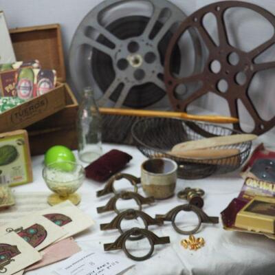 Lot 8 Movie reels and film Victorian hardware, coaster, fids, Silver plated basket