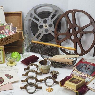 Lot 8 Movie reels and film Victorian hardware, coaster, fids, Silver plated basket