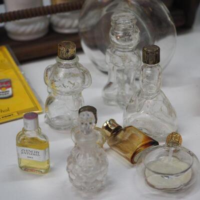 Lot 9 Mini perfume bottles Large Picasso scarf, vintage spice rack and milk glass bottles, New Balsam candle in gift box.