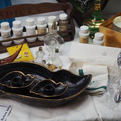Lot 9 Mini perfume bottles Large Picasso scarf, vintage spice rack and milk glass bottles, New Balsam candle in gift box.
