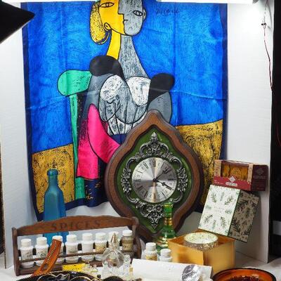 Lot 9 Mini perfume bottles Large Picasso scarf, vintage spice rack and milk glass bottles, New Balsam candle in gift box.