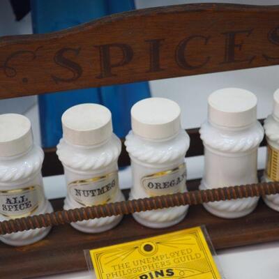 Lot 9 Mini perfume bottles Large Picasso scarf, vintage spice rack and milk glass bottles, New Balsam candle in gift box.
